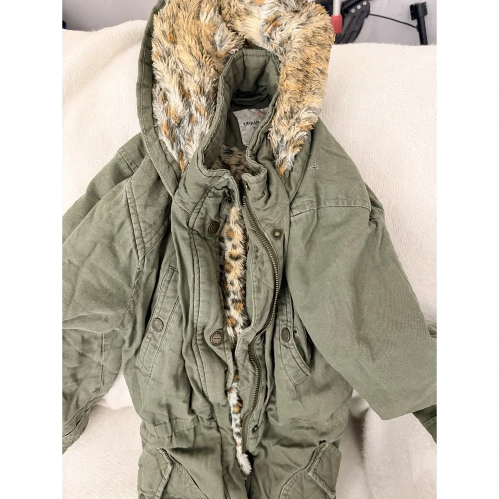 Urban Republic Jacket Girls L 14 Olive Green Anorak Parka Leopard Faux Fur Liner